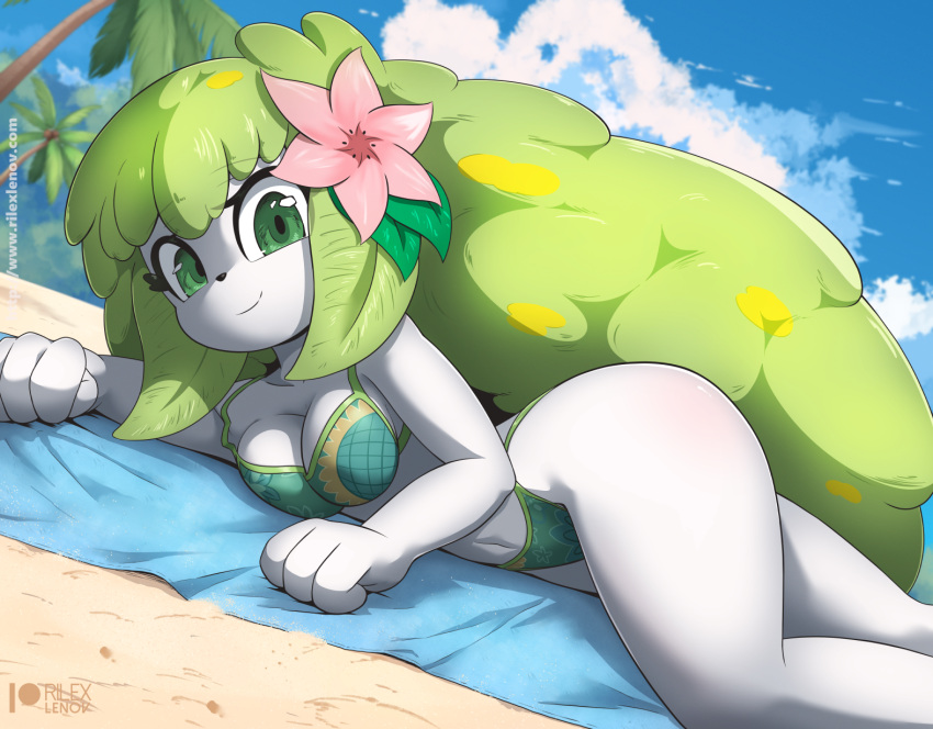 anthro bikini biped blush breasts cleavage clothed clothing eyelashes female generation_4_pokemon green_eyes hair hi_res land_forme_shaymin legendary_pokemon looking_at_viewer nintendo on_towel palm_tree plant pokemon pokemon_(species) pupils rilex_lenov shaymin solo swimwear thick_thighs towel tree white_hair