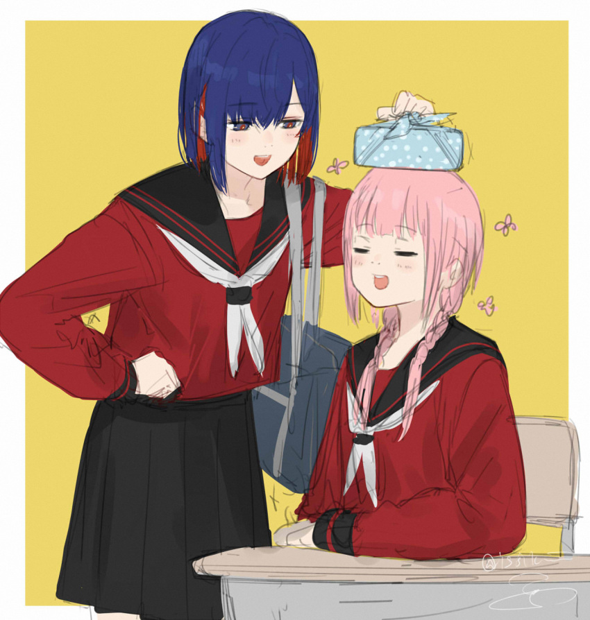 2girls alternate_costume bag black_sailor_collar black_skirt blue_eyes blue_hair blush border braid chair closed_eyes colored_inner_hair commentary_request desk feet_out_of_frame hair_over_shoulder hand_on_another's_head hand_on_own_hip hand_up highres holding_bento isshiki_(ffmania7) kaf_(kamitsubaki_studio) kamitsubaki_studio long_hair long_sleeves looking_at_another low_twin_braids matching_outfits medium_hair multicolored_eyes multicolored_hair multiple_girls neckerchief object_on_head on_chair open_mouth pink_hair pleated_skirt red_eyes red_hair red_shirt rim_(kamitsubaki_studio) romaji_commentary sailor_collar school_bag school_chair school_desk school_uniform serafuku shirt shoulder_bag simple_background sitting sketch skirt smile standing twin_braids virtual_youtuber white_border white_neckerchief yellow_background yellow_pupils