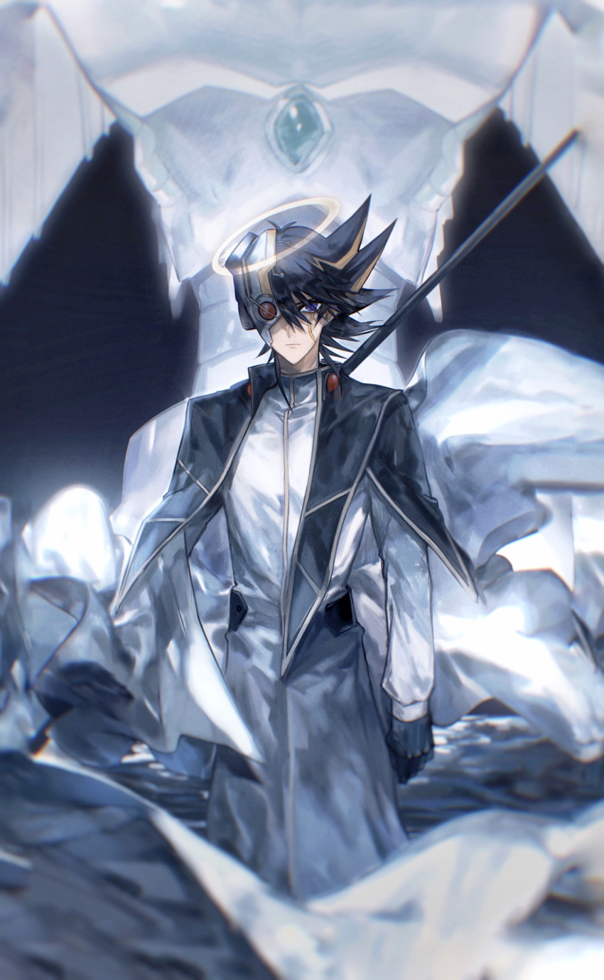 absurdres alternate_costume bad_id bad_lofter_id black_gloves black_hair blue_eyes blue_gemstone character_request check_character coat dragon duel_monster facial_mark facial_tattoo fudo_yusei gem gloves halo highres long_coat long_sleeves looking_at_viewer multicolored_hair naoki_(2rzmcaizerails6) night ocean one_eye_covered outdoors serious short_hair spiked_hair standing stardust_dragon streaked_hair tattoo white_coat yu-gi-oh! yu-gi-oh!_5d's