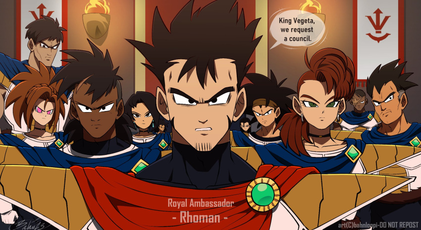 4girls 6+boys asymmetrical_hair bahnloopi black_bodysuit black_choker black_eyes black_hair blue_cape bodysuit braid brooch brown_eyes brown_fur brown_hair brown_headband cape choker concept_art crown_braid dark-skinned_male dark_skin dragon_ball dragon_ball_super earrings facial_hair gem goatee green_gemstone headband highres jewelry medium_hair missing_eye monkey_tail multiple_boys multiple_girls mustache pink_eyes red_cape saiyan saiyan_armor scar scar_across_eye shaved_head short_hair side_ponytail sideburns spiked_hair tail tail_around_waist torch upper_body