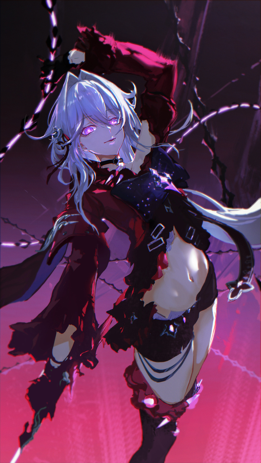 1girl absurdres black_background black_choker black_shorts boots bow bright_pupils chain choker coat cowboy_shot eira_akatsuki gradient_background hair_between_eyes highres honkai_(series) honkai_impact_3rd looking_at_viewer midriff navel pink_background purple_background purple_bow purple_eyes red_coat short_shorts shorts solo thelema_(honkai_impact) thigh_boots white_hair white_pupils