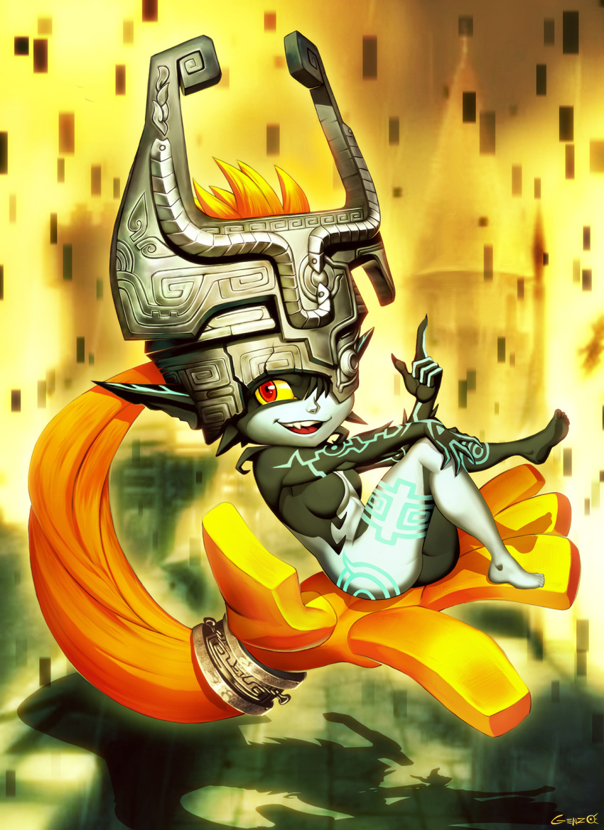 1girl breasts colored_sclera colored_skin commission genzoman helmet highres index_finger_raised midna multicolored_skin one_eye_closed open_mouth orange_hair pointy_ears prehensile_hair red_eyes shortstack small_breasts smile solo the_legend_of_zelda the_legend_of_zelda:_twilight_princess two-tone_skin yellow_sclera