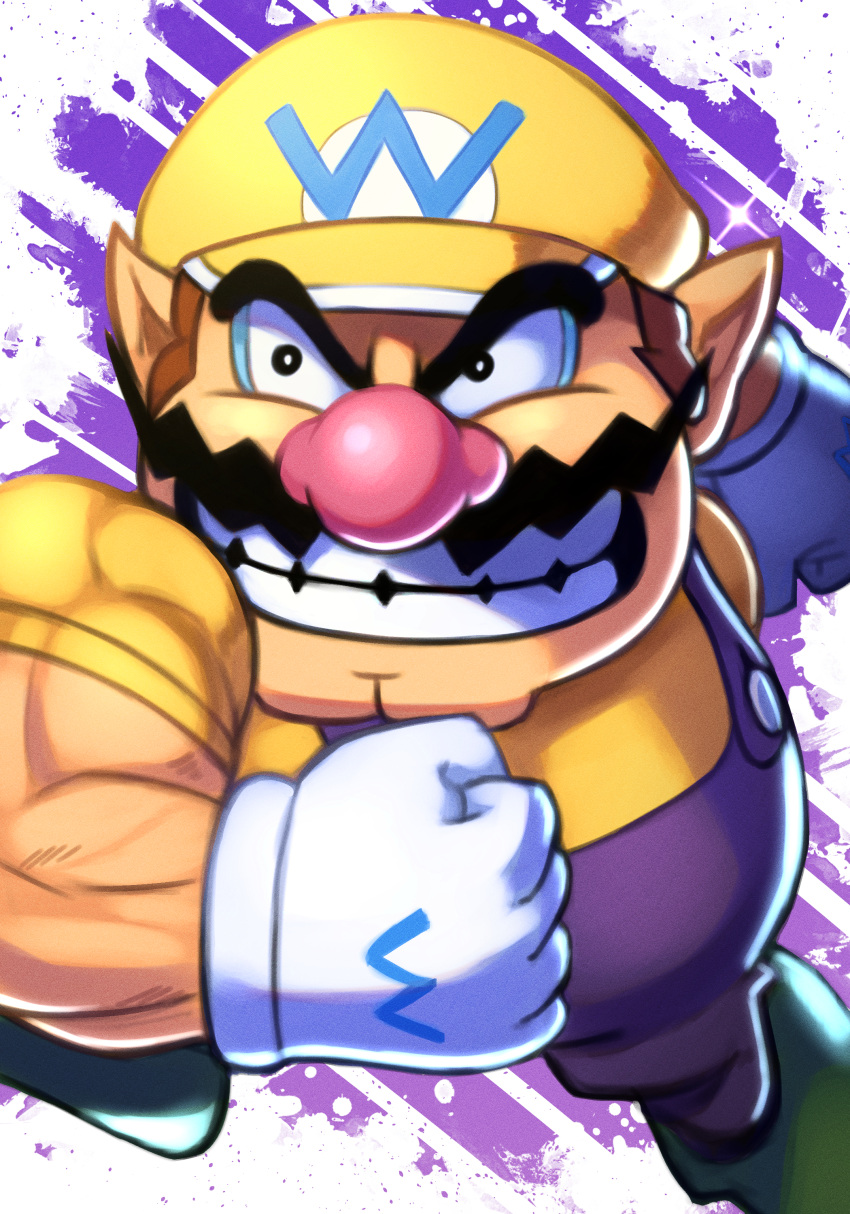 1boy absurdres big_nose brown_hair cleft_chin facial_hair gloves grin hat highres muscular muscular_male mustache overalls pink_nose pointy_ears purple_overalls shirt silverchariotx smile thick_eyebrows wario wario_land white_gloves yellow_hat yellow_shirt