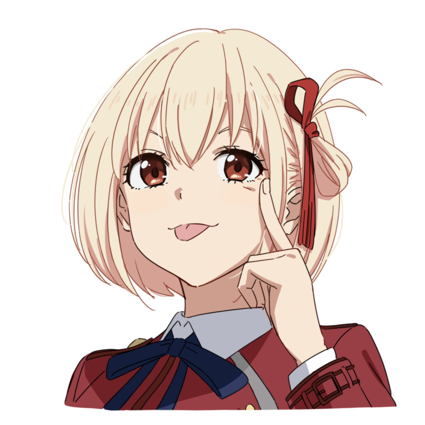 1girl blonde_hair blue_ribbon bob_cut collared_shirt commentary cropped_torso hair_ribbon highres index_finger_raised long_sleeves looking_at_viewer lycoris_recoil lycoris_uniform neck_ribbon nishikigi_chisato one_side_up red_eyes red_ribbon ribbon ryuryu_7150 shirt short_hair simple_background solo tongue tongue_out upper_body white_background white_shirt