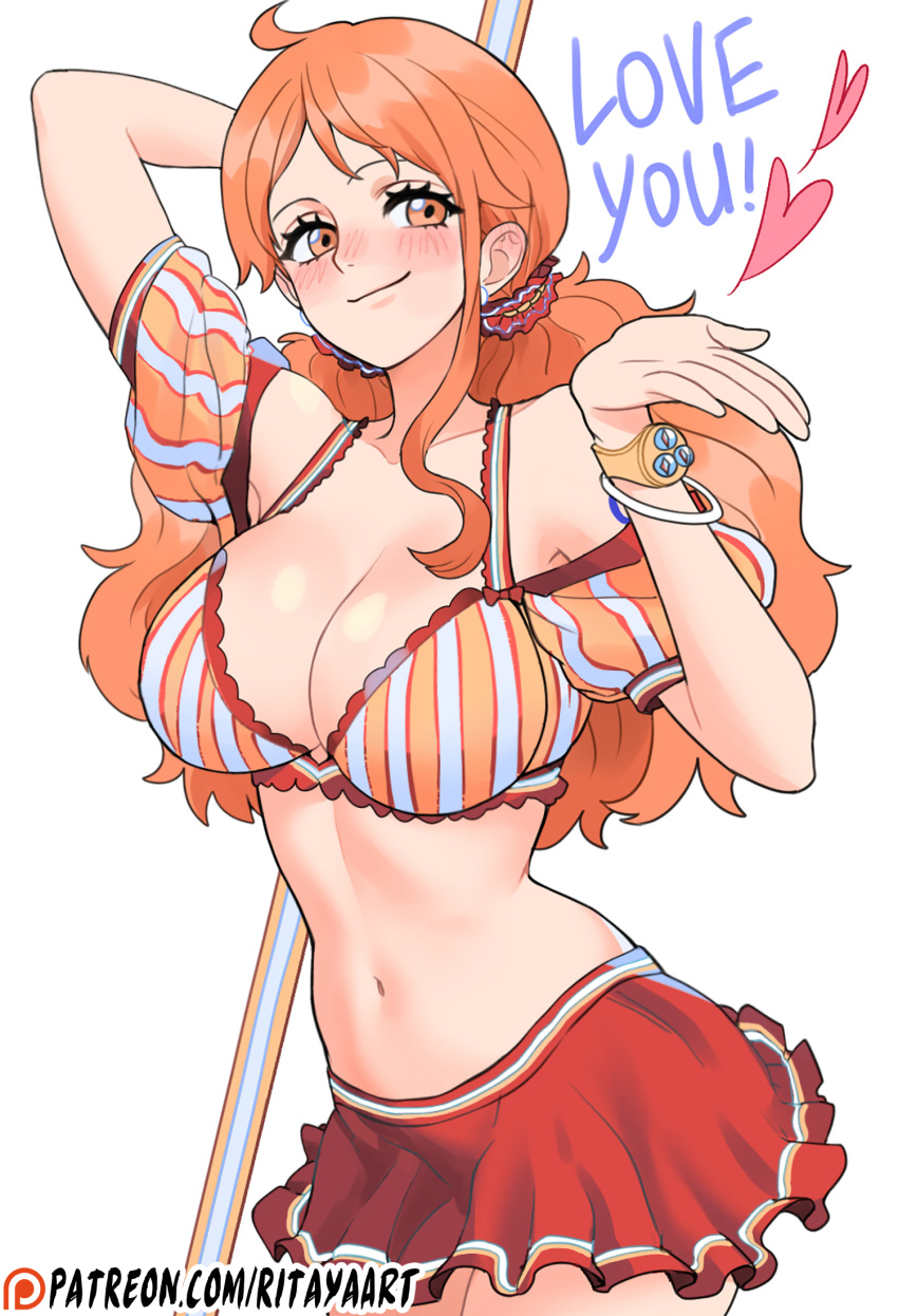 1girl alternate_hairstyle blush breasts cleavage closed_mouth detached_sleeves english_commentary english_text hair_ornament heart highres holding holding_polearm holding_weapon large_breasts log_pose long_hair midriff miniskirt nami_(one_piece) navel one_piece orange_eyes orange_hair patreon_logo polearm red_skirt rita_ya shoulder_tattoo skirt smile tattoo thighs weapon