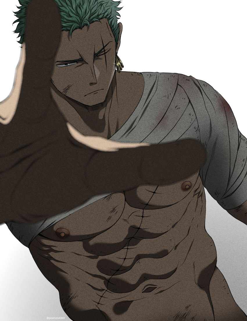 1boy abs bara chest_sarashi dutch_angle foreshortening green_hair groin highres injury large_pectorals male_focus muscular muscular_male navel nipples one_eye_closed one_piece out-of-frame_censoring pectorals pinattsu reaching reaching_towards_viewer roronoa_zoro sarashi scar scar_across_eye short_hair solo underpec upper_body v-shaped_eyebrows