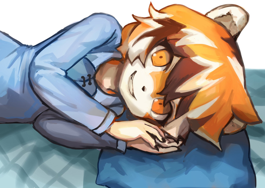 1girl animal_ears arknights blue_shirt buchi0122 claws commentary_request furry furry_female head_on_pillow highres looking_at_viewer on_bed orange_eyes shirt smile tiger_ears tiger_girl tiger_stripes waai_fu_(arknights) white_background