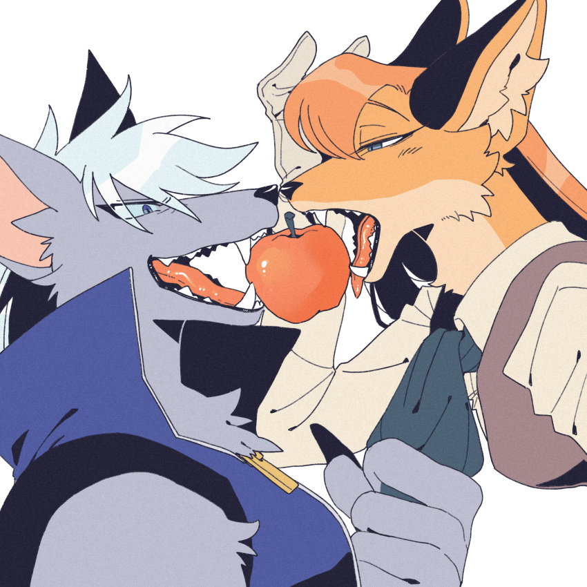 1boy 1girl animal_ears apple blue_eyes blue_sclera body_fur brown_vest claws collared_shirt colored_sclera food fox_ears fox_girl fruit furry furry_female furry_male gloves grey_fur half-closed_eye hand_up hetero high_collar highres long_hair long_sleeves looking_at_another necktie necktie_grab neckwear_grab open_mouth orange_fur orange_hair original precure rata_(norahasu) shared_food sharp_teeth shirt simple_background sleeveless smile_precure! teeth tongue tongue_out upper_body vest white_background white_hair wolf_boy wolf_ears wolfrun