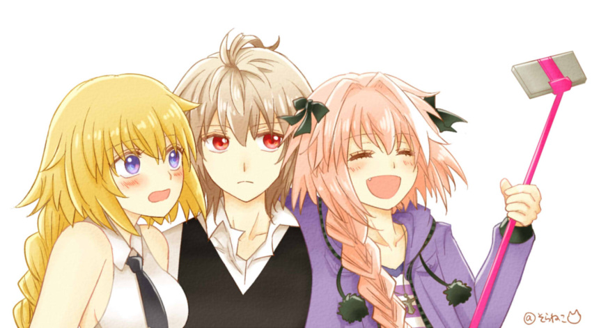 1girl 2boys :d ^_^ ahoge astolfo_(fate) astolfo_(memories_at_trifas)_(fate) bad_id bad_twitter_id black_ribbon blonde_hair blue_eyes blush braid breasts brown_hair cellphone closed_eyes embarrassed fang fate/apocrypha fate_(series) hair_ornament hair_ribbon happy holding jacket jeanne_d'arc_(fate) jeanne_d'arc_(girl_from_orleans)_(fate) large_breasts long_braid long_hair long_sleeves multicolored_hair multiple_boys necktie official_alternate_costume open_mouth otoko_no_ko phone pink_hair pom_pom_(clothes) purple_jacket red_eyes ribbon sandwiched selfie_stick shirt short_hair sieg_(fate) simple_background single_braid sleeveless sleeveless_shirt smartphone smile srnk striped_clothes striped_shirt two-tone_hair very_long_hair waistcoat white_background white_shirt