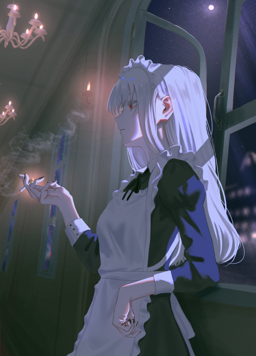 1girl :| absurdres apron black_dress black_nails black_ribbon chandelier chromatic_aberration cigarette closed_mouth commentary dress expressionless film_grain frilled_apron frills full_moon hallway highres holding holding_cigarette indoors kyano_(kyanora3141) leaning light_particles long_hair long_sleeves maid maid_apron maid_headdress moon nail_polish neck_ribbon night original red_eyes ribbon smoke smoke_trail smoking white_apron white_hair window wrist_cuffs
