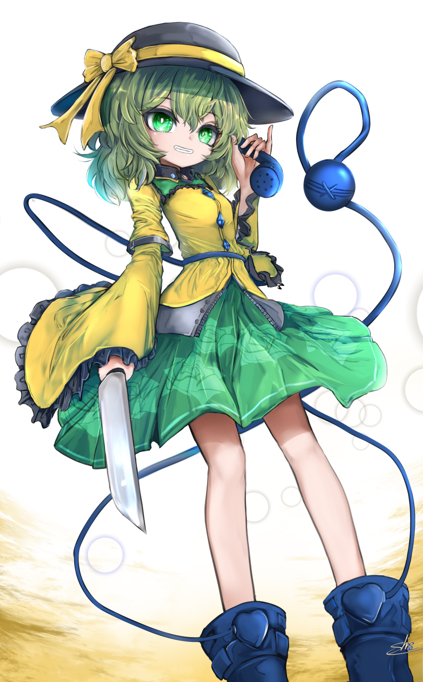 1girl absurdres black_collar black_hat blue_footwear boots buttons collar corded_phone diamond_button floral_print frilled_sleeves frills green_eyes green_hair green_skirt grin hat hat_ribbon highres holding holding_knife holding_phone itanase knife komeiji_koishi legs long_sleeves medium_hair phone ribbon rose_print shirt skirt smile solo third_eye touhou watermark yellow_ribbon yellow_shirt