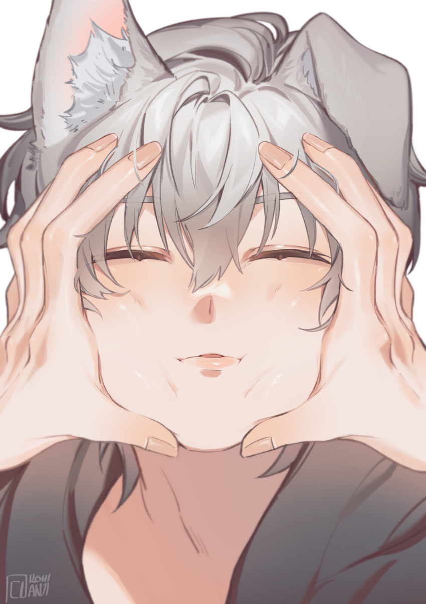 1boy 1other absurdres animal_ear_fluff animal_ears artist_name black_jacket blush caelus_(honkai:_star_rail) closed_eyes dog_ears fingernails grey_hair hair_between_eyes hands_on_another's_face hands_up heart highres honkai:_star_rail honkai_(series) jacket kemonomimi_mode kohianji lips open_mouth short_hair simple_background solo_focus standing trailblazer_(honkai:_star_rail) upper_body white_background