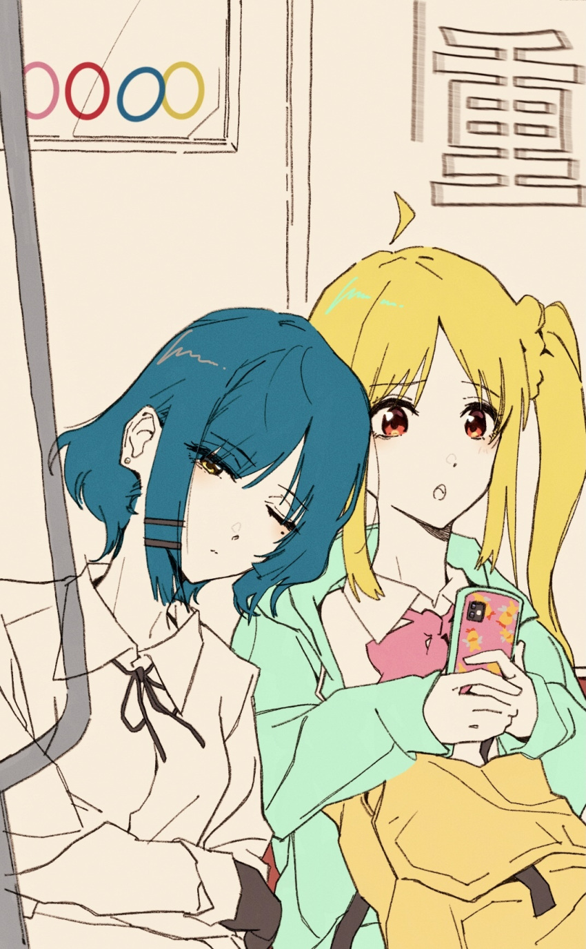 2girls ahoge backpack bag bag_on_lap black_ribbon blonde_hair bloom_into_me15 blue_hair bocchi_the_rock! cellphone closed_mouth collared_shirt green_hoodie hair_ornament hairclip half-closed_eye head_on_another's_shoulder highres holding holding_phone hood hood_down hoodie ijichi_nijika light_blush long_hair long_sleeves looking_at_phone looking_at_viewer mole mole_under_eye multiple_girls neck_ribbon one_eye_closed open_clothes open_hoodie phone raised_eyebrow red_eyes ribbon shirt short_hair side-by-side side_ponytail sitting smartphone train_interior upper_body white_shirt yamada_ryo
