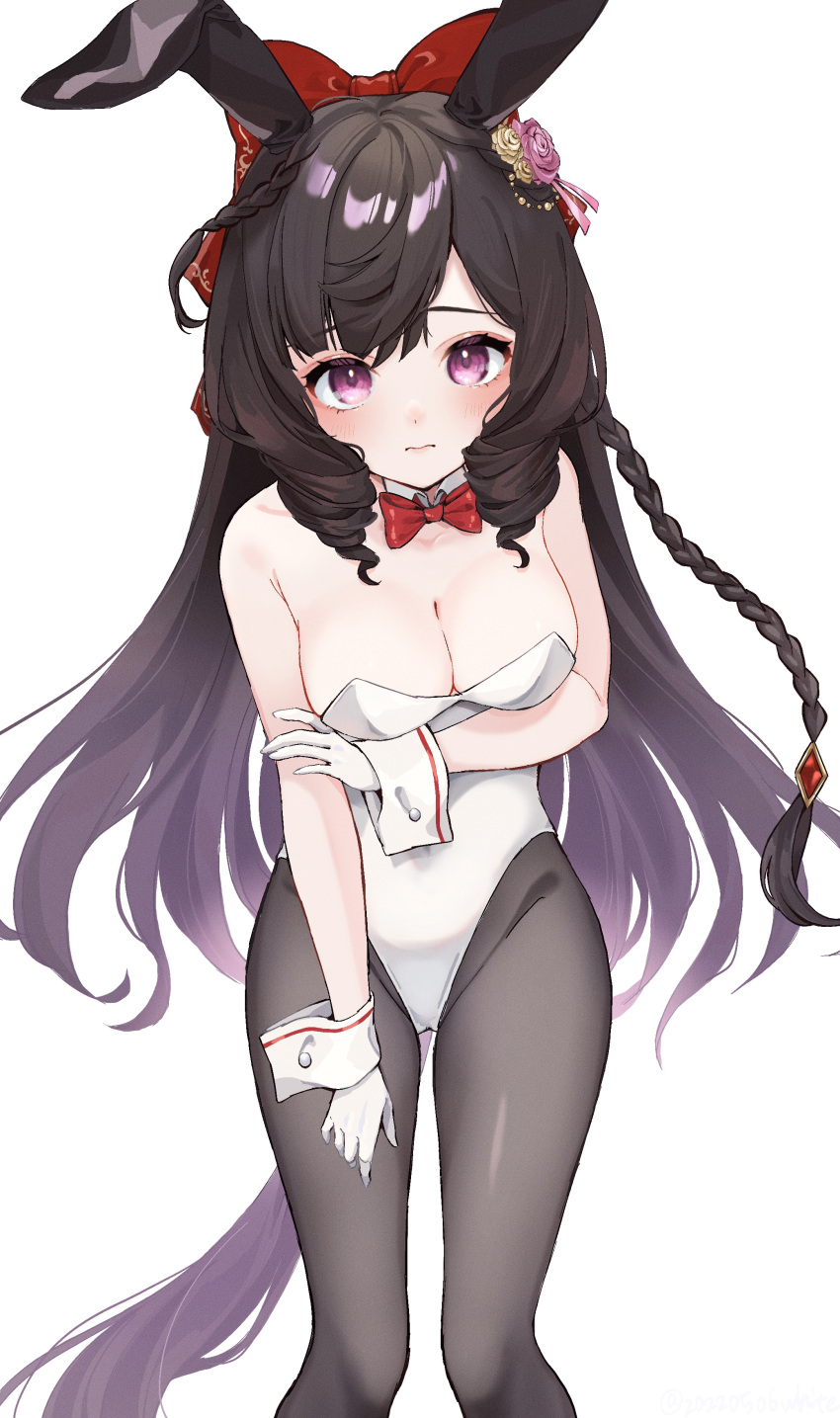 1girl absurdres alternate_costume animal_ears black_hair breasts cleavage closed_mouth collarbone commentary_request daiichi_ruby_(umamusume) gloves hair_between_eyes hair_ornament highres horse_ears horse_girl looking_at_viewer medium_breasts pantyhose playboy_bunny purple_eyes ribbon umamusume white_background white_eyes_(20220506white)