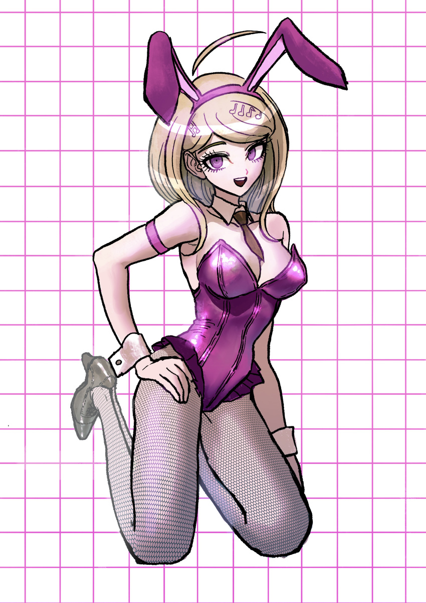 1girl absurdres akamatsu_kaede animal_ears bare_shoulders breasts brown_necktie cleavage danganronpa_(series) danganronpa_v3:_killing_harmony detached_collar fake_animal_ears fishnet_pantyhose fishnets hand_on_own_hip high_heels highres large_breasts leotard necktie pantyhose pink_leotard playboy_bunny rabbit_ears shoes solo uranagi_(uranaginasi) white_background