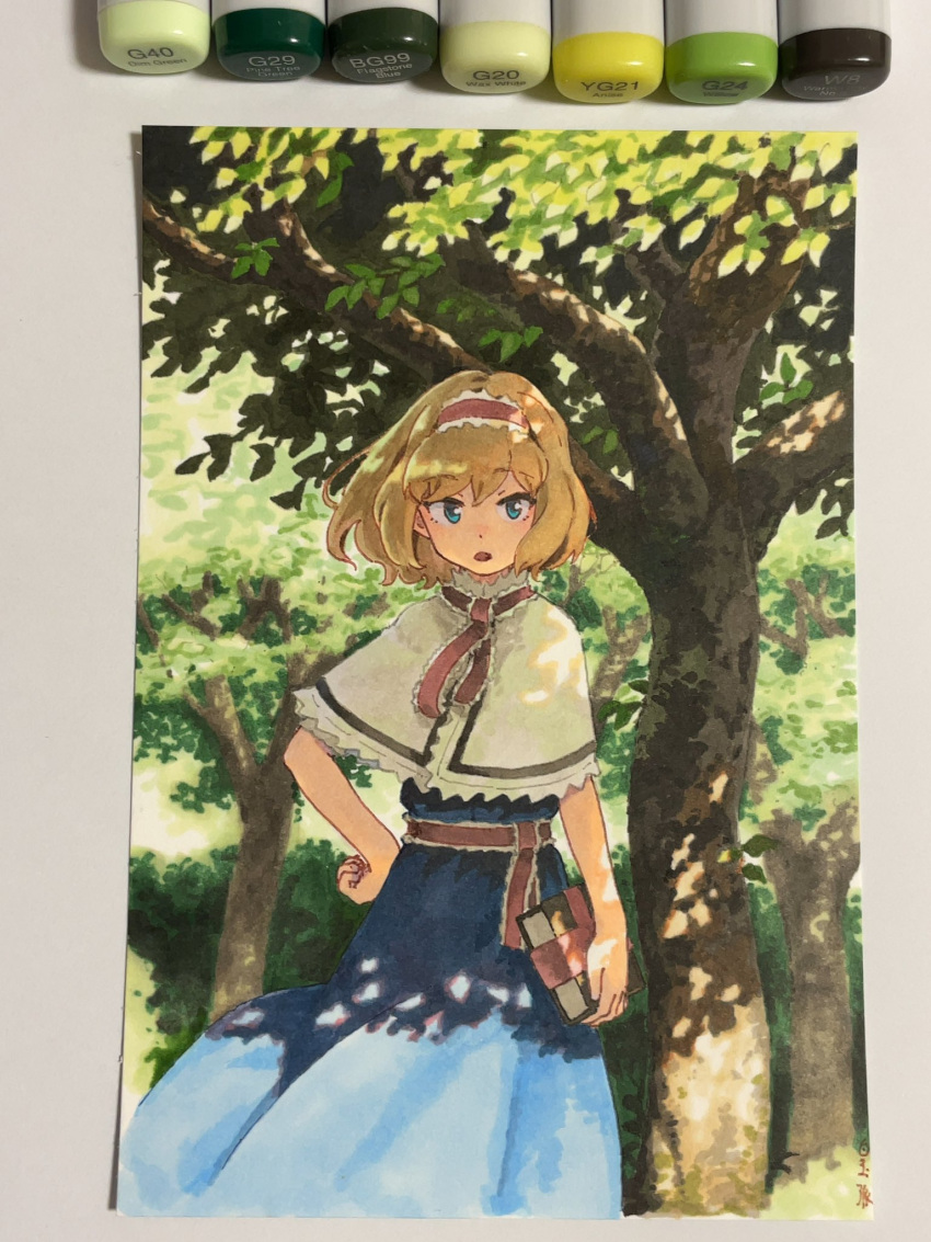 1girl alice_margatroid blonde_hair blue_dress blue_eyes book capelet dress frilled_hairband frills grimoire grimoire_of_alice hairband highres holding holding_book lolita_hairband looking_at_viewer marker_(medium) photo_(medium) red_hairband shadow shiratama_(hockey) short_hair solo touhou traditional_media tree white_capelet