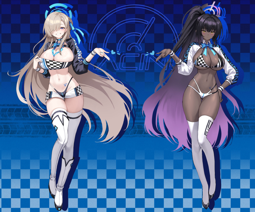 2girls alternate_costume ass_visible_through_thighs asuna_(blue_archive) asymmetrical_footwear bikini bikini_bottom_only black_bikini black_choker black_hair black_shirt blonde_hair blue_archive blue_eyes boots bow bowtie braid breasts checkered_bikini checkered_clothes choker cleavage closed_mouth crop_top dark-skinned_female dark_skin drop_shadow full_body gradient_hair grin hair_bun hair_over_one_eye hair_ribbon halo halterneck hand_on_own_hip hand_up highleg highleg_bikini highres karin_(blue_archive) knee_boots kyundoo large_breasts long_hair long_sleeves looking_at_viewer micro_shorts midriff mole mole_on_breast multi-strapped_bikini_bottom multicolored_hair multiple_girls nail_polish navel ponytail pulled_by_self purple_hair race_queen ribbon shadow shirt shorts shrug_(clothing) single_knee_boot single_side_bun single_thigh_boot skindentation smile standing stomach string_bikini swimsuit tattoo thigh_boots thigh_gap thighhighs thighs two-tone_bikini very_long_hair white_bikini white_footwear white_shorts white_shrug white_thighhighs wing_collar wristband yellow_eyes