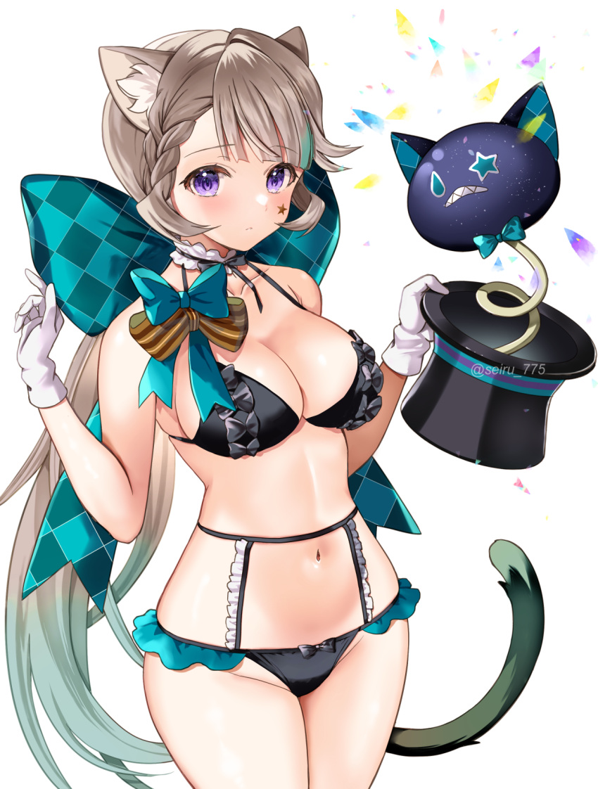 1girl animal_ears bare_shoulders black_bra black_hat black_panties blush bow bra breasts cat_ears cat_girl cat_tail choker cleavage collarbone commentary_request facial_mark frilled_choker frills genshin_impact gloves green_bow grey_hair hair_bow hat highres large_breasts long_hair looking_at_viewer lynette_(genshin_impact) navel panties ponytail purple_eyes seiru_(prairie) sidelocks solo star_(symbol) star_facial_mark tail thighs top_hat underwear white_gloves