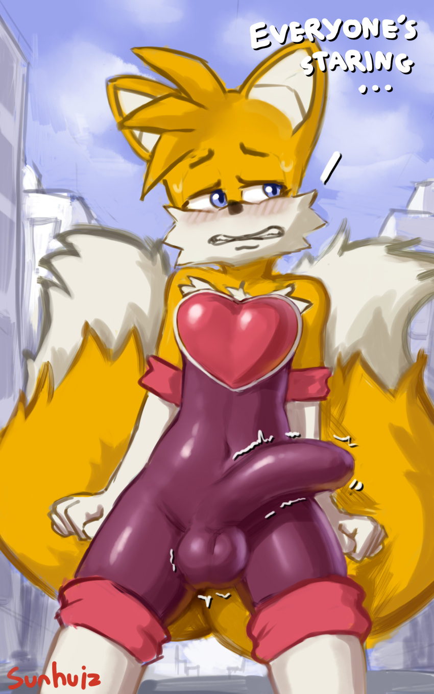 absurd_res anthro balls balls_outline blush bodysuit bulge canid canine city clothed clothing condom_suit crossdressing detailed_bulge embarrassed erection exhibitionism form_fitting fox genital_outline genitals hi_res male mammal miles_prower outside penis penis_outline public sega skinsuit solo sonic_the_hedgehog_(series) sunhuiz sunny tight_clothing urban