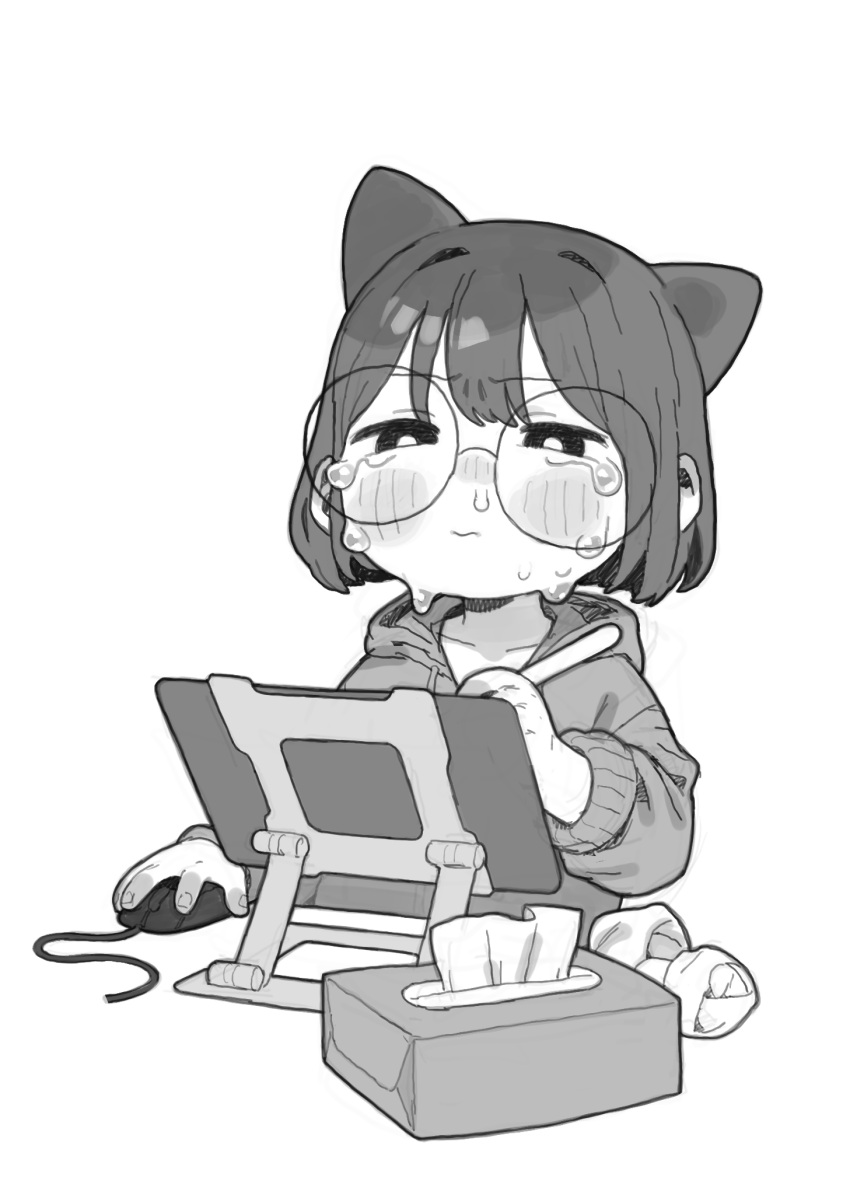 1girl animal_ears bob_cut cat_ears collarbone crying crying_with_eyes_open drawing_tablet glasses greyscale highres holding holding_stylus hood hoodie monochrome mouse_(computer) opossumachine original round_eyewear short_hair simple_background sitting solo squinting stylus tears tissue_box used_tissue