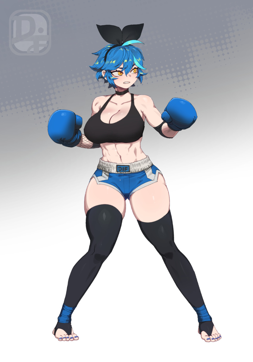 ahoge bare_shoulders black_choker black_hairband black_thighhighs blue_gloves blue_hair blue_nails boxing_gloves boxing_shorts breasts bridal_legwear choker cleavage dif_(difman) difman dyed_ahoge feet fighting_stance gloves gradient_background grey_background hairband highres large_breasts mole mole_under_eye nail_polish original shorts signature solo stirrup_legwear thighhighs toeless_legwear toenail_polish toenails white_background yellow_eyes