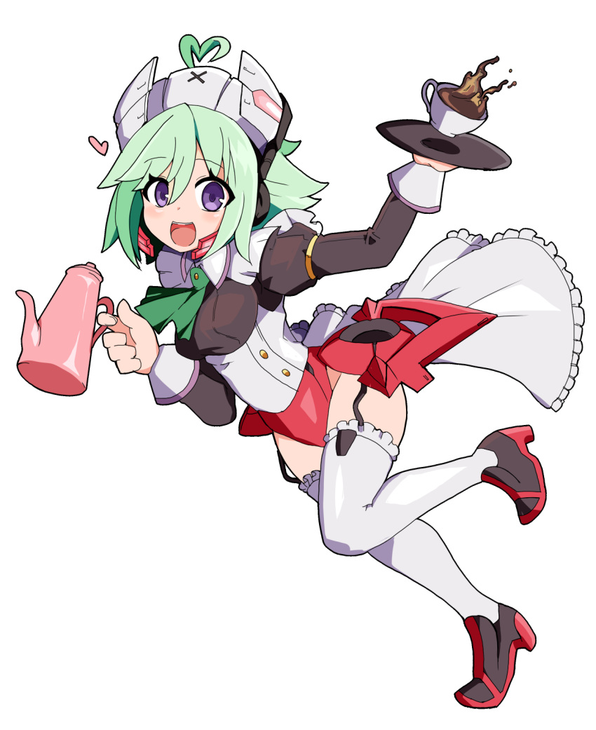 1girl :d adapted_costume ahoge armor armored_dress armored_skirt ascot azure_striker_gunvolt_2 black_footwear blush coffee_cup commentary_request cup disposable_cup frilled_shirt_collar frilled_skirt frilled_thighhighs frills full_body garter_straps green_ascot green_hair hair_between_eyes headgear heart heart_ahoge high_heels highres holding holding_coffee_pot holding_plate juliet_sleeves long_sleeves looking_at_viewer maid maid_headdress open_mouth plate puffy_sleeves purple_eyes red_footwear ririfu roro_(gunvolt) short_hair showgirl_skirt simple_background skirt sleeve_cuffs smile solo thighhighs thighs white_background white_skirt white_thighhighs