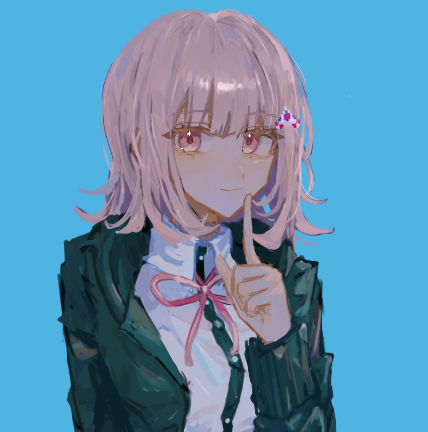 1girl breasts brown_hair collared_shirt danganronpa_(series) danganronpa_2:_goodbye_despair flipped_hair galaga green_background hair_ornament hand_up highres hood jacket long_sleeves looking_at_viewer medium_hair nanami_chiaki neck_ribbon open_clothes open_jacket pink_eyes pink_ribbon ribbon shirt simple_background smile solo to_shio_pipon white_shirt