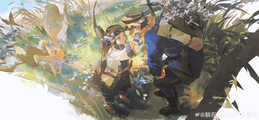 1boy 1girl absurdres ainu_clothes asirpa black_hair boots bow_(weapon) chinese_commentary commentary_request deer eye_contact flower_wreath fox golden_kamuy hands_on_another's_cheeks hands_on_another's_face hat headband highres liyuliyuzhou long_hair looking_at_another military_uniform nature outdoors peaked_cap smile squatting sugimoto_saichi uniform weapon