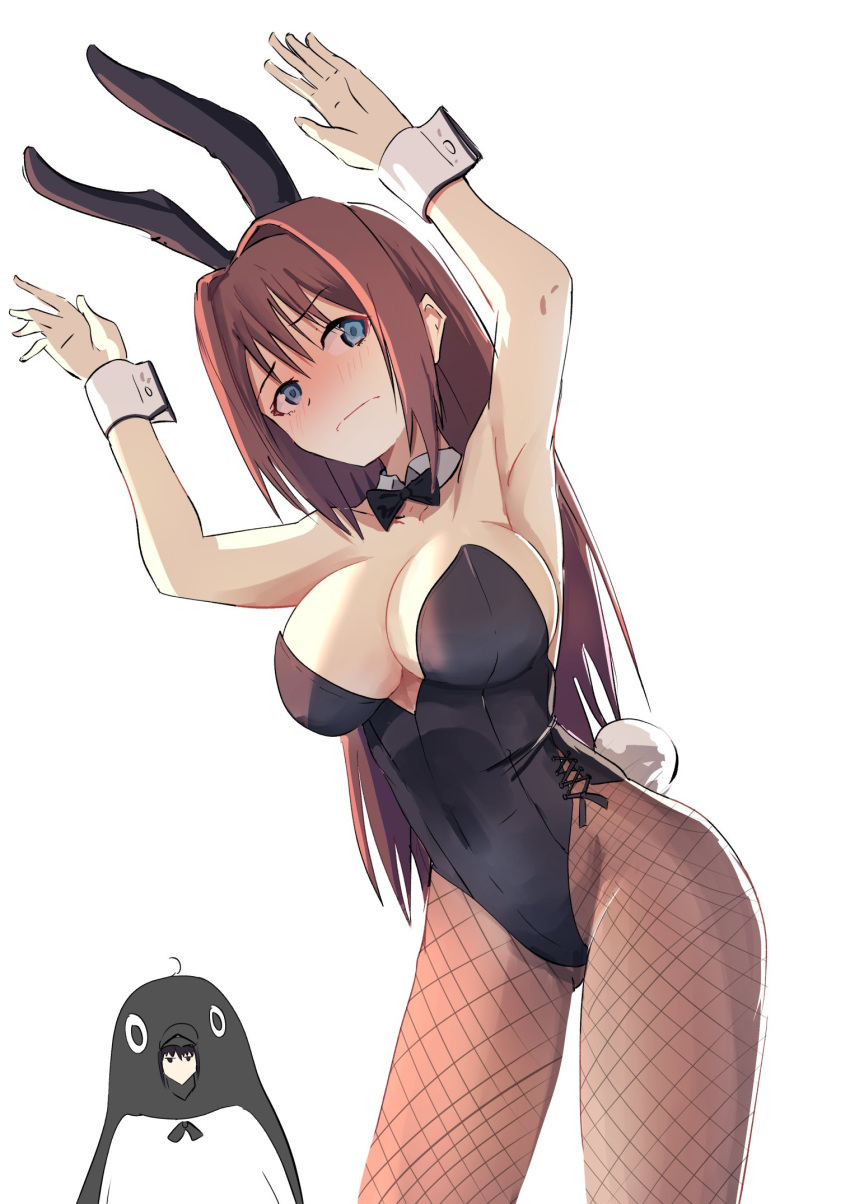 2girls angelchama animal_costume animal_ears aozaki_aoko armpits arms_up ass_visible_through_thighs black_bow black_bowtie black_leotard blue_eyes blush bow bowtie breasts brown_hair brown_pantyhose detached_collar embarrassed fishnet_pantyhose fishnets hair_intakes highres kuonji_alice large_breasts leotard long_hair mahou_tsukai_no_yoru multiple_girls pantyhose penguin_costume playboy_bunny rabbit_ears rabbit_pose rabbit_tail strapless strapless_leotard tail white_background white_wrist_cuffs wrist_cuffs