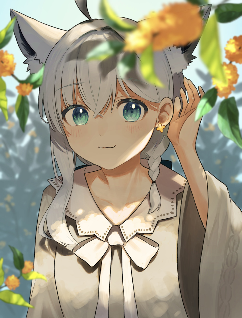 1girl absurdres animal_ear_fluff animal_ears aqua_eyes asymmetrical_hair black_bow bow bowtie braid commentary_request extra_ears flower fmym_(ponsubro) fox_ears fox_girl gold_osmanthus hair_between_eyes hair_bow hand_to_head hand_up highres hololive light_blush long_hair looking_at_viewer low_ponytail osmanthus plant shirakami_fubuki shirakami_fubuki_(street) shirt side_braid single_sidelock smile solo virtual_youtuber white_bow white_bowtie white_hair white_shirt wide_sleeves yellow_flower