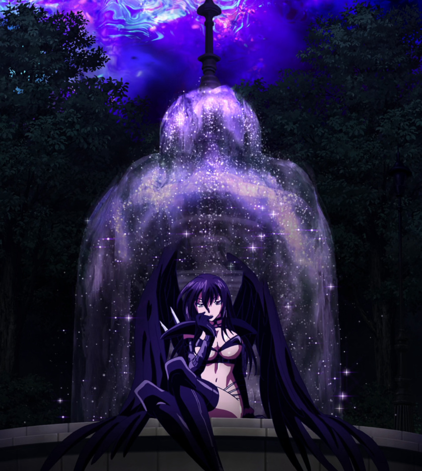 1girl absurdres anime_screenshot bikini black_hair black_wings breasts fallen_angel fountain high_school_dxd highres large_breasts raynare shoulder_pads sitting swimsuit tagme torn_bikini torn_clothes wings