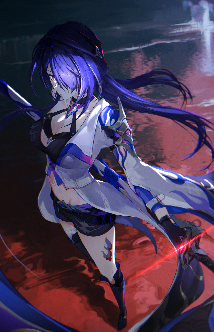 1girl absurdres acheron_(honkai:_star_rail) armor asymmetrical_legwear bandaged_leg bandages belt black_belt black_choker black_footwear black_gloves black_shorts boots breasts choker cleavage coat coattails criss-cross_halter eira_akatsuki full_body gloves hair_ornament hair_over_one_eye halterneck highres holding holding_sword holding_weapon honkai:_star_rail honkai_(series) katana knee_boots large_breasts leg_tattoo long_hair looking_at_viewer midriff multicolored_hair navel purple_eyes purple_hair scabbard sheath sheathed shorts shoulder_armor single_bare_shoulder single_knee_boot single_thigh_boot solo standing standing_on_liquid streaked_hair sword tattoo thigh_boots thighs very_long_hair water weapon white_coat