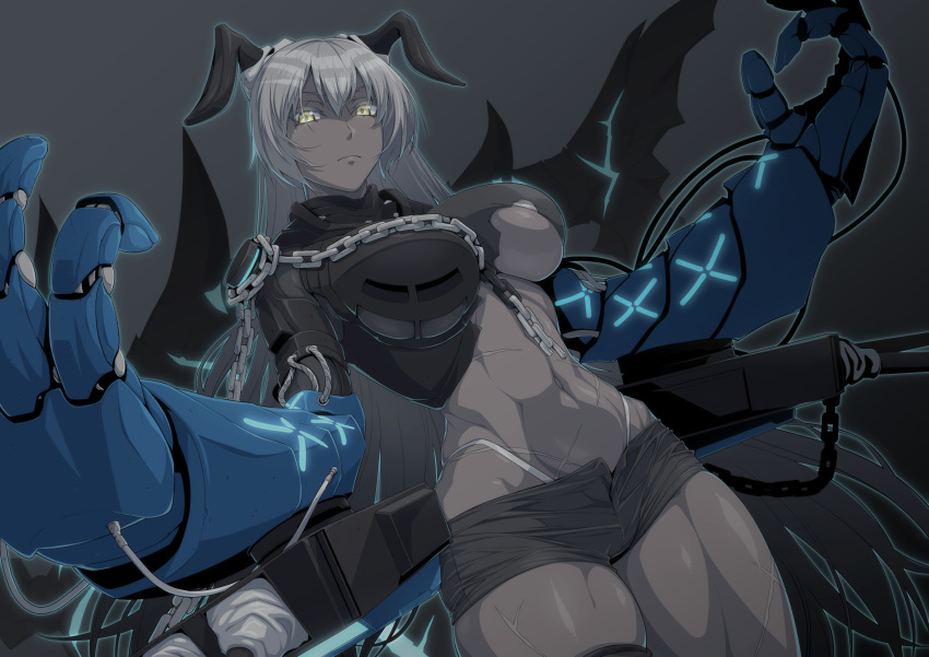 1girl arbiter_strength_viii_(azur_lane) armored_boots azur_lane black_shorts boots breasts broken broken_chain chain closed_mouth colored_skin commentary_request commission cowboy_shot crop_top cross_scar grey_background grey_hair grey_skin hair_between_eyes highleg highleg_panties highres horns large_breasts long_hair looking_at_viewer mechanical_arms navel ozaneko panties rigging scar scar_on_leg scar_on_stomach short_shorts shorts sidelocks simple_background siren_(azur_lane) skeb_commission skindentation solo standing stomach toned_female turret underboob underwear very_long_hair yellow_eyes