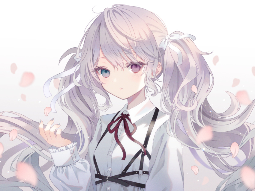 1girl 25-ji_miku blush bow bowtie cherry_blossom_print chest_harness floral_print frilled_sleeves frills green_eyes grey_hair grey_nails harness hatsune_miku heterochromia light_particles long_hair looking_at_viewer parted_lips paruno petals pink_eyes project_sekai red_bow red_bowtie shirt sidelocks solo string_bowtie swept_bangs twintails upper_body vocaloid white_shirt