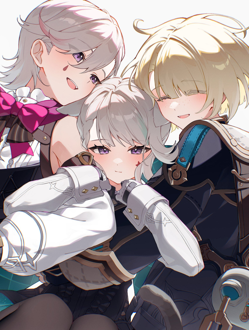 1girl 2boys animal_ear_fluff animal_ears blonde_hair blue_eyes bow brother_and_sister cat_ears cat_girl cat_tail facial_mark freckles freminet_(genshin_impact) genshin_impact grey_hair hair_over_one_eye highres long_hair long_sleeves lynette_(genshin_impact) lyney_(genshin_impact) mochimiya_(coyo) multiple_boys purple_eyes short_hair siblings star_(symbol) star_facial_mark tail twins