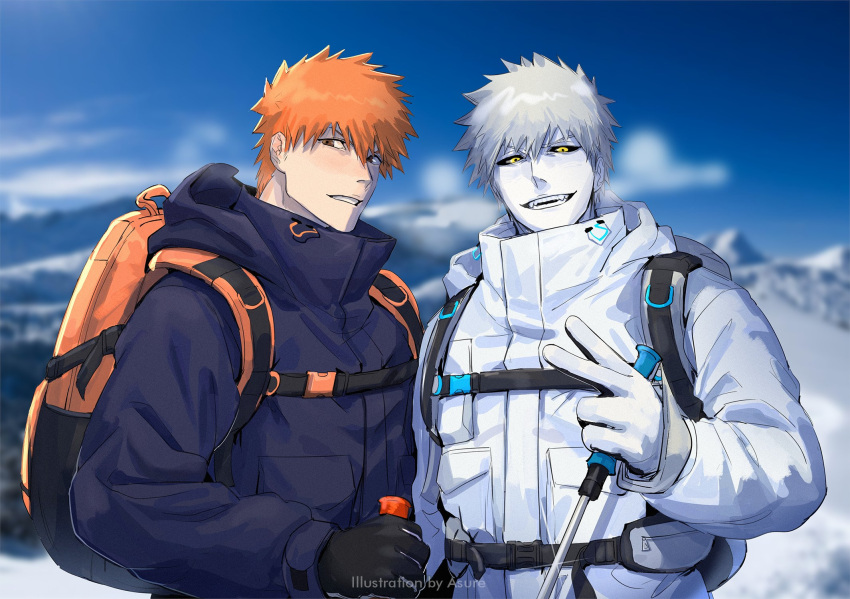 2boys asure_(asure_twi) backpack bag black_gloves black_sclera bleach blue_sky brown_eyes buckle cloud colored_sclera colored_skin gloves highres hiking_pole holding holding_pole hollow_ichigo hood hood_down hooded_coat kurosaki_ichigo looking_at_viewer male_focus mountain_climbing mountainous_horizon multiple_boys orange_hair parka pole sky smile snap-fit_buckle spiked_hair upper_body v white_gloves white_hair white_skin winter_clothes yellow_eyes