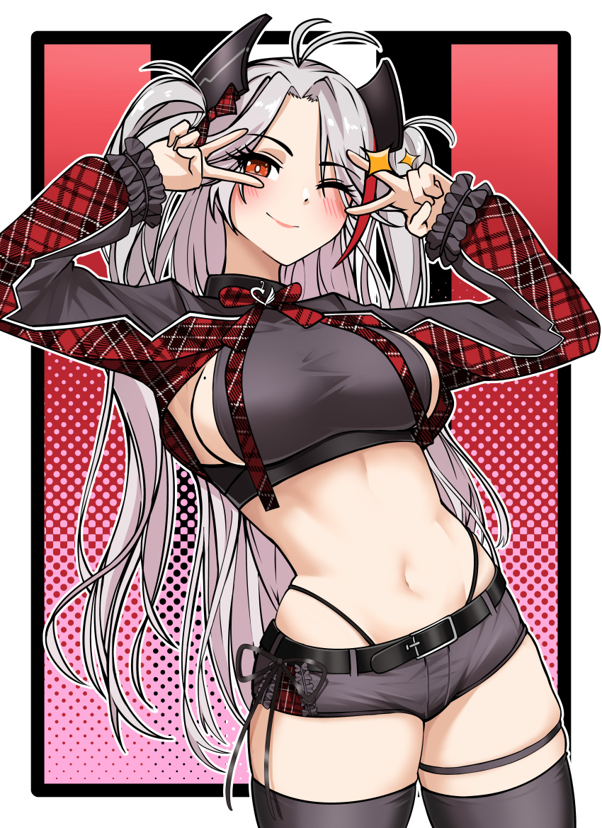 1girl ;) absurdres azur_lane black_panties blush boots breasts cowboy_shot crop_top cropped_jacket curly_hair hair_over_one_eye highleg highleg_panties highres hip_focus leaning_to_the_side long_hair medium_breasts micro_shorts midriff mole mole_on_breast multicolored_hair navel notsushi one_eye_closed orange_eyes panties prinz_eugen_(azur_lane) prinz_eugen_(muse)_(azur_lane) red_hair shorts sideboob sideboob_cutout skindentation smile solo sparkle stomach streaked_hair thigh_boots thighs two-tone_hair two_side_up underwear very_long_hair white_hair