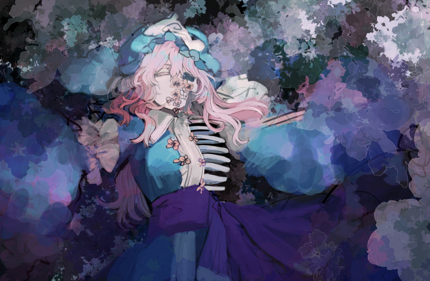 1girl abstract_background blue_hat blue_kimono body_horror closed_eyes eyelashes flower hat highres japanese_clothes kimono lying mob_cap multicolored_background on_back outstretched_arms painterly pink_flower pink_hair ribs saigyouji_yuyuko short_hair skull solo spread_arms teeth touhou triangular_headpiece upper_body xian_qishui