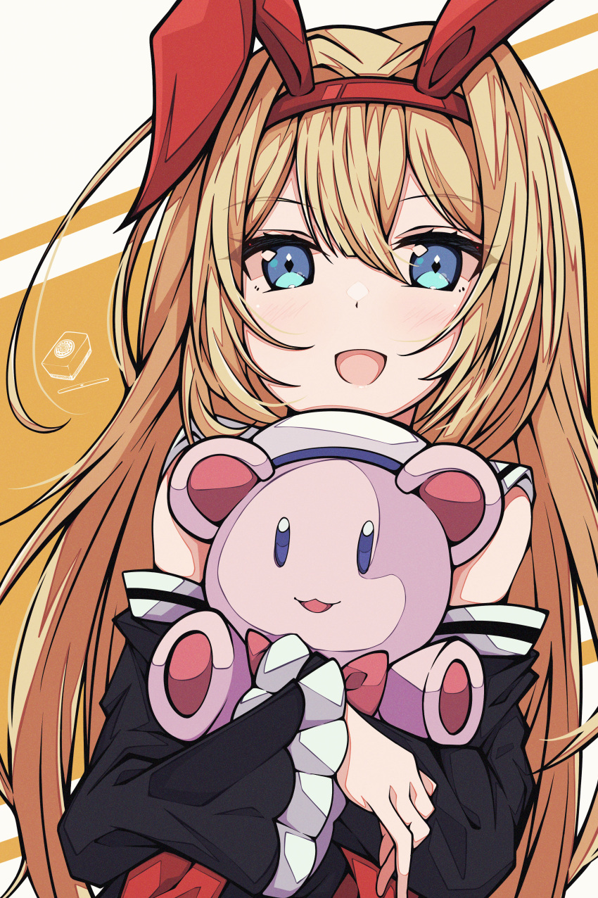 1girl absurdres animal_ears black_sleeves blonde_hair blue_eyes commentary_request detached_sleeves fake_animal_ears frilled_sleeves frills hair_between_eyes hair_intakes hairband heart heart-shaped_pupils highres holding holding_stuffed_toy kakuzatou_(cubesugar03196) long_hair looking_at_viewer mahjong_soul mahjong_tile medium_bangs mikami_chiori open_mouth orange_background rabbit_ears red_hairband smile solo stuffed_animal stuffed_toy symbol-shaped_pupils teddy_bear tenbou upper_body very_long_hair white_background