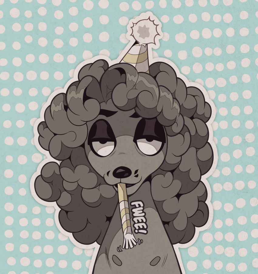 anthro canid canine canis chibi clothing curled_hair dean_(terribleanimal) domestic_dog english_text fur grey_body grey_fur grey_hair hair half-closed_eyes hat headgear headwear hi_res mammal narrowed_eyes party_hat party_horn pattern_background poodle simple_background smile solo sound_effects terribleanimal text