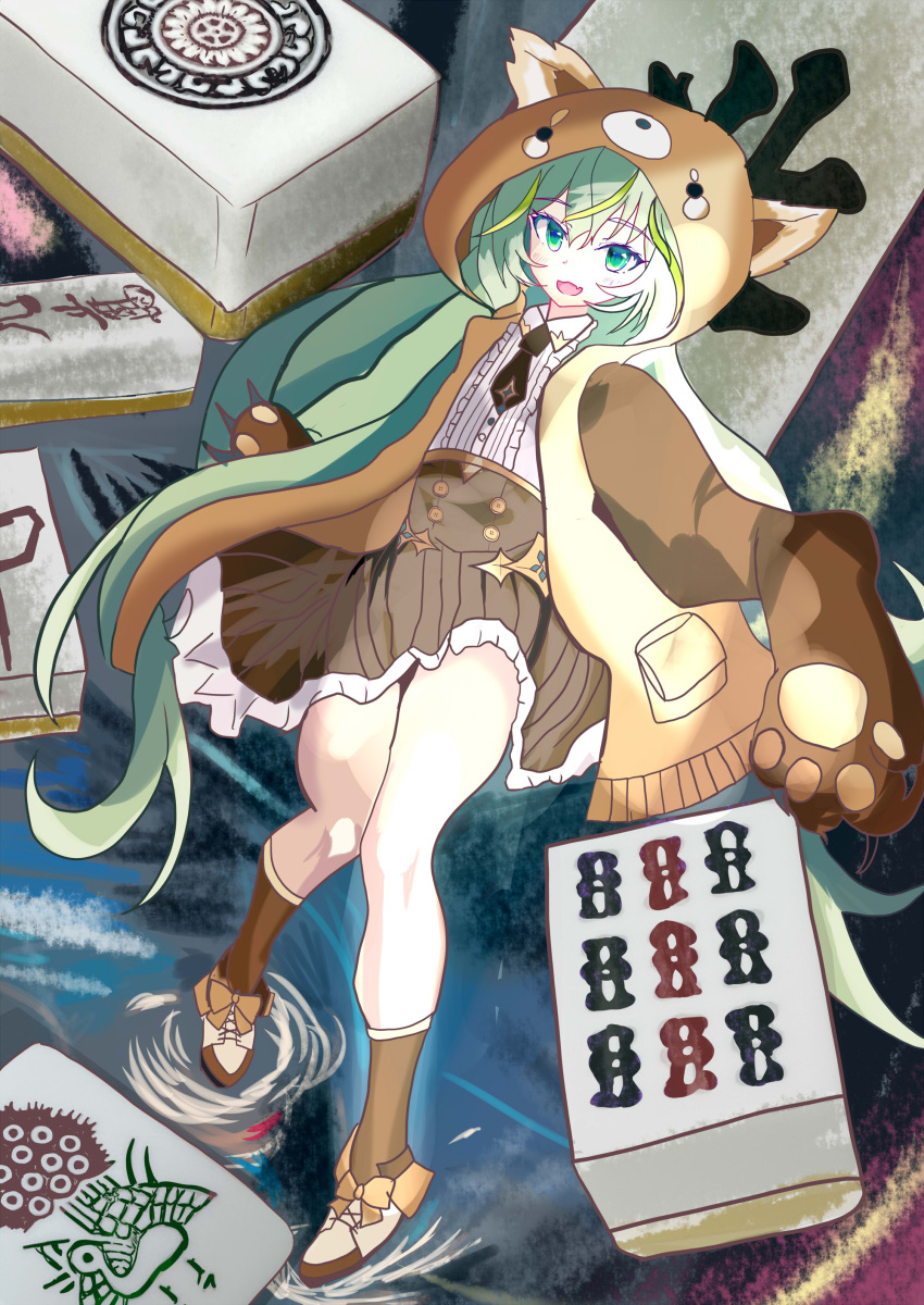 1girl abstract_background absurdres animal_hands black_necktie blue_eyes bow brown_bow brown_socks center_frills collared_shirt commentary_request dark_skin footwear_bow frills full_body gloves green_hair grey_background halmist high-waist_skirt highres long_hair looking_at_viewer mahjong_soul mahjong_tile medium_bangs multicolored_hair necktie open_mouth paw_gloves red_panda_costume ripples shirt short_necktie skirt smile socks solo streaked_hair very_long_hair white_shirt yuzu_(mahjong_soul)