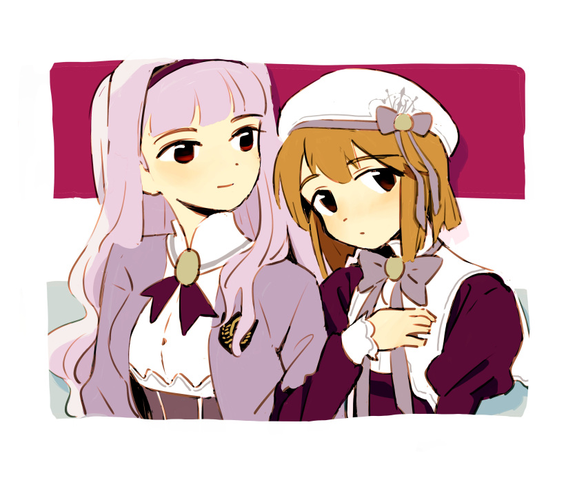 2girls absurdres beret blunt_bangs blunt_ends border bow bowtie brown_eyes brown_hair close-up closed_mouth commentary_request cross_tie emblem expressionless grey_bow grey_bowtie grey_ribbon hagiwara_yukiho hairband hand_up hat hat_bow head_tilt high_collar highres idolmaster idolmaster_(classic) iwashi_iwashimo juliet_sleeves locked_arms long_hair long_sleeves looking_at_another looking_at_viewer looking_to_the_side multiple_girls puffy_sleeves purple_hair red_eyes rounded_corners shijou_takane short_hair side-by-side smile upper_body wavy_hair white_border white_hat