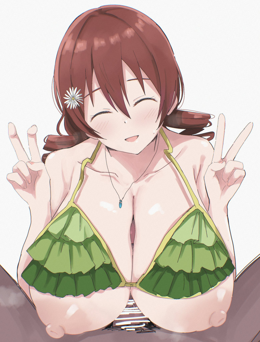 1boy 1girl bar_censor bikini bikini_top_lift blush breasts brown_hair censored closed_eyes clothes_lift colored_skin commentary_request double_v drill_hair emma_verde erection flower green_bikini grey_skin hair_flower hair_ornament highres huge_breasts jewelry love_live! love_live!_nijigasaki_high_school_idol_club medium_hair necklace nipples open_mouth paizuri penis pov smile sweatdrop swimsuit twin_drills v wewe white_background