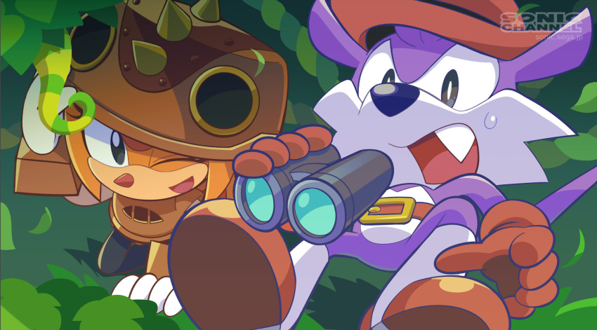1boy 1girl artist_request bad_source belt binoculars boots brown_footwear brown_gloves cowboy_hat fang fang_the_sniper gloves hat helmet highres holding holding_binoculars leaf official_art one_eye_closed open_mouth sonic_(series) sonic_superstars sweat tail third-party_source trip_the_sungazer