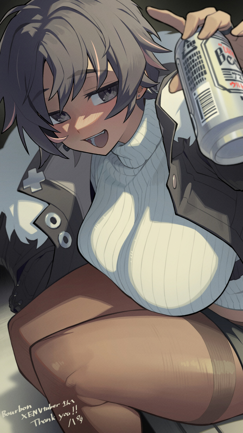 1girl beer_can black_coat blush bon_(vtuber) breasts brown_hair brown_pantyhose can coat commission dark-skinned_female dark_skin drink_can earrings hata4564 highres holding holding_can indie_virtual_youtuber jewelry large_breasts looking_at_viewer open_mouth pantyhose ribbed_sweater short_hair sitting skeb_commission smile solo stud_earrings sweater teeth thighband_pantyhose turtleneck turtleneck_sweater upper_teeth_only white_sweater