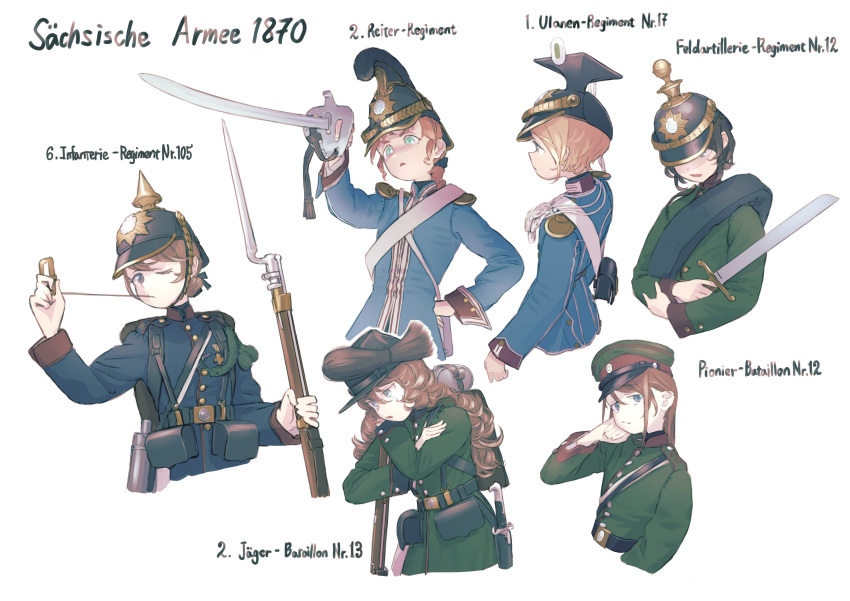 1870 absurdres aiguillette ammunition_pouch backpack bag bayonet belt black_belt blonde_hair blue_eyes blue_jacket braid brown_hair buttons canteen cavalry_sword closed_mouth commentary cropped_torso german_text green_eyes green_jacket gun hat hat_ornament helmet highres holding holding_gun holding_weapon jacket karasumi_(sumizono) load_bearing_equipment long_hair long_sleeves looking_at_viewer mess_kit military military_hat military_jacket military_uniform multiple_girls musket one_eye_closed open_mouth original peaked_cap pickelhaube plume pouch saber_(weapon) short_hair shoulder_boards simple_background soldier sword uhlan uniform upper_body weapon white_belt