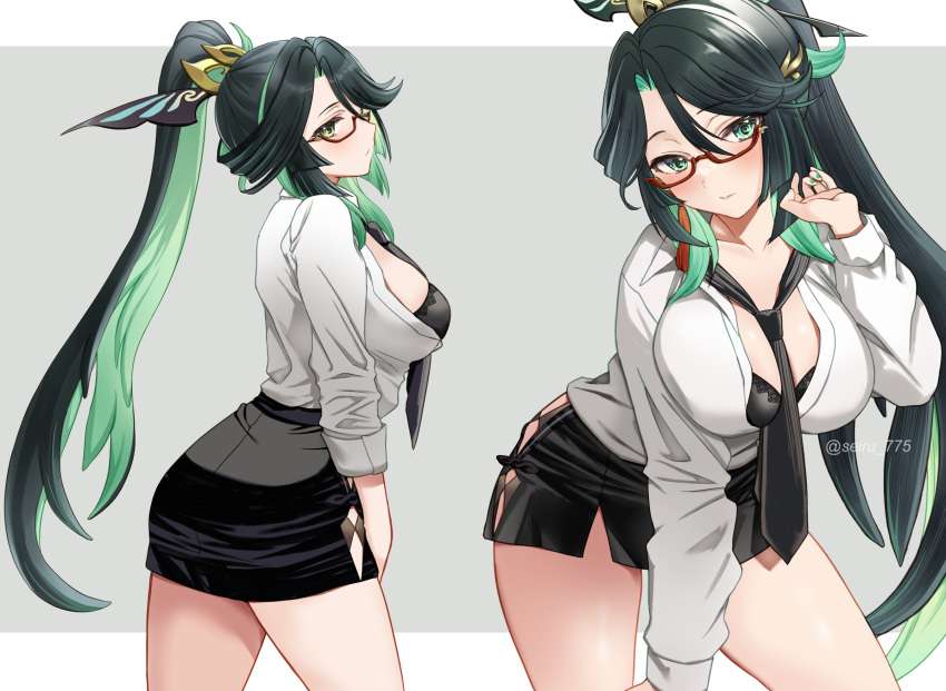 1girl between_breasts black_hair blush breasts cloud_retainer_(genshin_impact) colored_inner_hair commentary_request eyeliner genshin_impact glasses green_eyes green_hair hair_ornament hairpin high_ponytail highres large_breasts long_hair looking_at_viewer makeup multicolored_hair multiple_views necktie necktie_between_breasts red-framed_eyewear seiru_(prairie) swept_bangs thighs two-tone_hair xianyun_(genshin_impact)