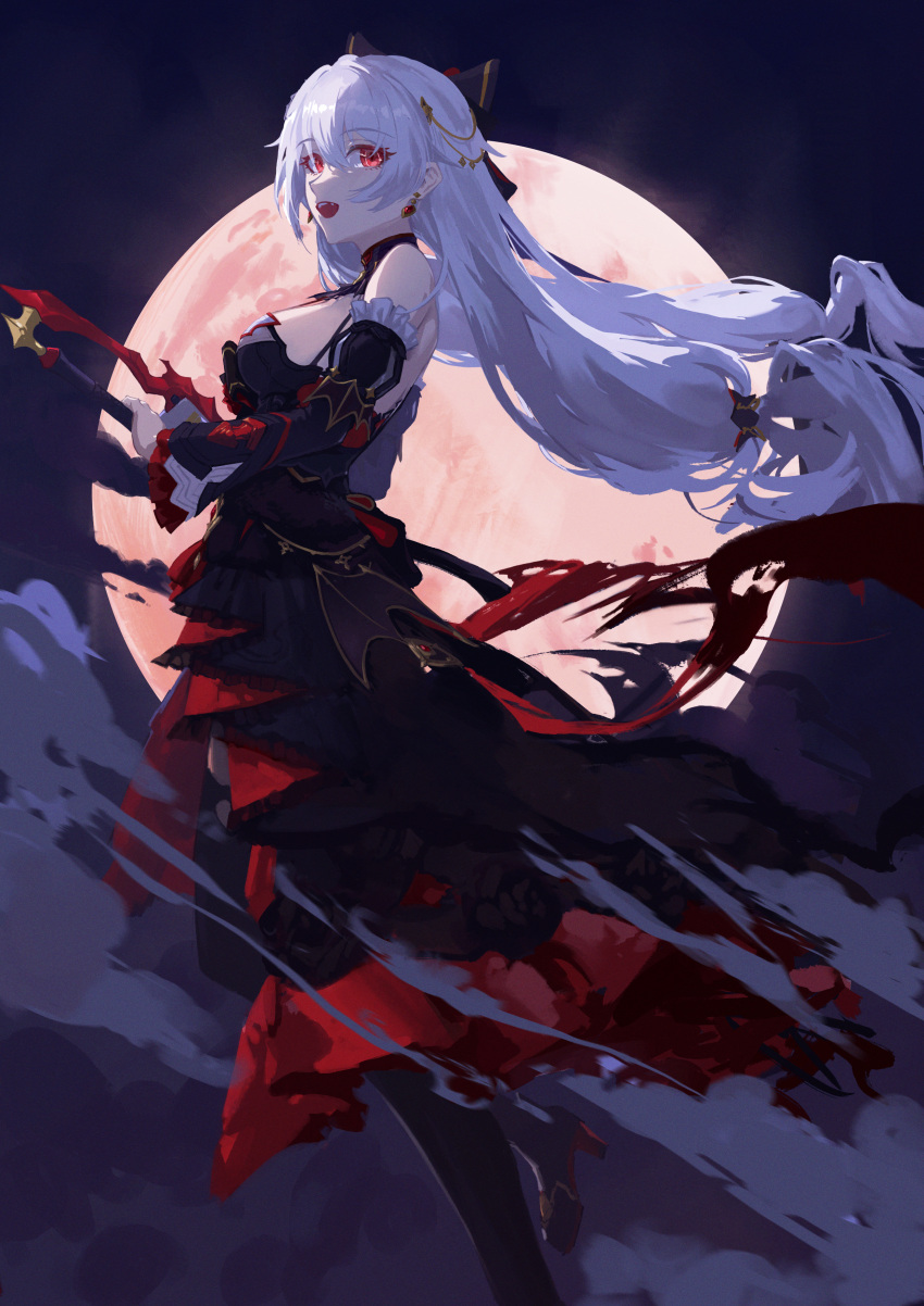 1girl absurdres black_thighhighs breasts dress earrings eira_akatsuki full_moon hair_ornament highres honkai_(series) honkai_impact_3rd jewelry large_breasts long_dress long_hair moon red_eyes solo theresa_apocalypse theresa_apocalypse_(luna_kindred) theresa_apocalypse_(lunar_vow:_crimson_love) thighhighs twintails vampire white_hair