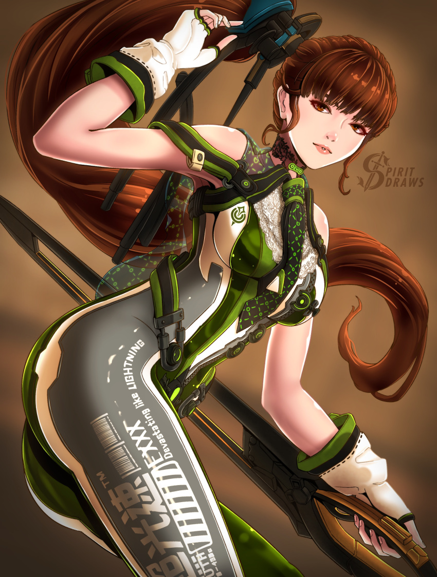 1girl absurdres artist_name blunt_bangs bodysuit breasts brown_eyes brown_hair english_commentary eve_(stellar_blade) fingerless_gloves from_side gloves green_bodysuit highres holding holding_sword holding_weapon long_hair looking_at_viewer medium_breasts multicolored_bodysuit multicolored_clothes planet_diving_suit_(7th)_(stellar_blade) ponytail silver_bodysuit simple_background skin_tight sleeveless sleeveless_bodysuit solo spiritdraws stellar_blade sword very_long_hair weapon white_bodysuit white_gloves