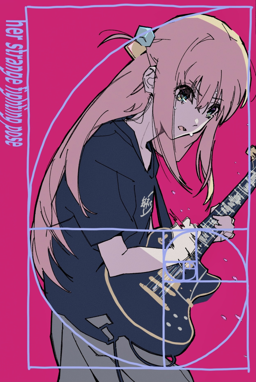 1girl black_shirt bloom_into_me15 bocchi_the_rock! cowboy_shot electric_guitar english_text from_side golden_spiral gotoh_hitori green_eyes grey_skirt guitar hair_bobbles hair_ornament highres holding holding_guitar holding_instrument hunched_over instrument kessoku_band_t-shirt long_hair looking_down motion_blur one_side_up open_mouth pink_background pink_hair playing_guitar print_shirt shirt short_sleeves shoulder_strap sidelocks simple_background skirt solo standing sweat t-shirt v-shaped_eyebrows
